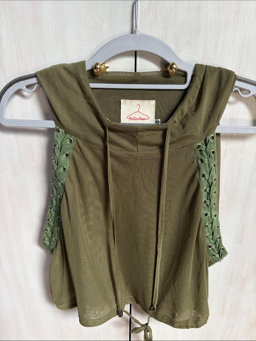 Sleeveless Olive Green Lace-Up Hooded Tank Top
